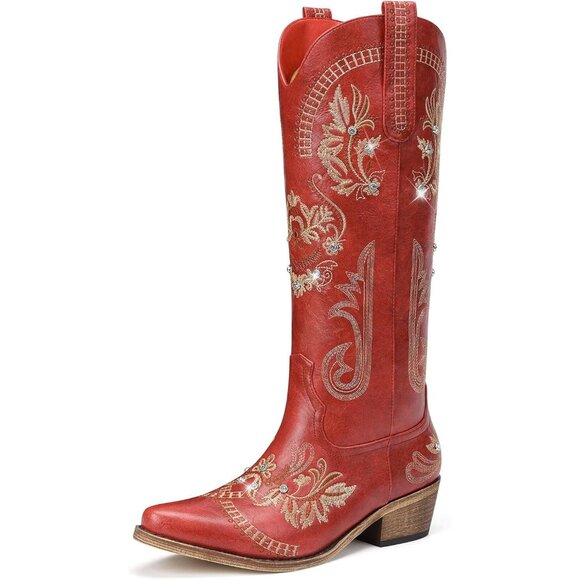 Women Faux Leather Red Glitter Sparkly Rhinestone Embroidery Pointed Retro Boots - Picture 1 of 6